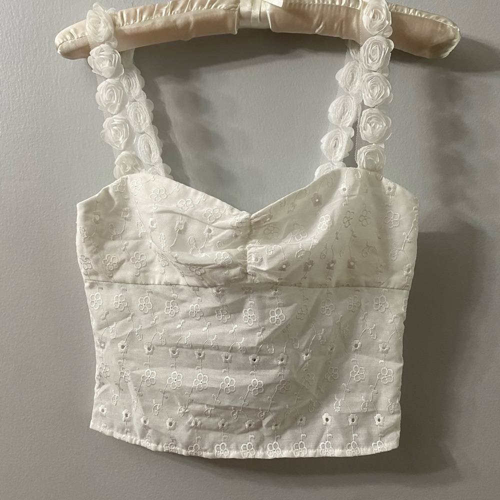 Princess Polly Franca Top - White Embroidered Rosette Strap Crop Size Small